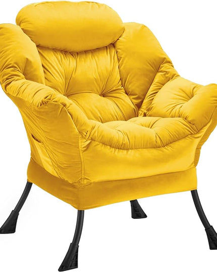 Lazy Chair Thick Padded, Accent Chair Velvet Upholstered with Wide Seat, Stable Metal Frame and Non-Slip Pad, Modern Sofa Armchair with Side Storage Bag for Dorm, Room, Office, Yellow - LeafyLoom