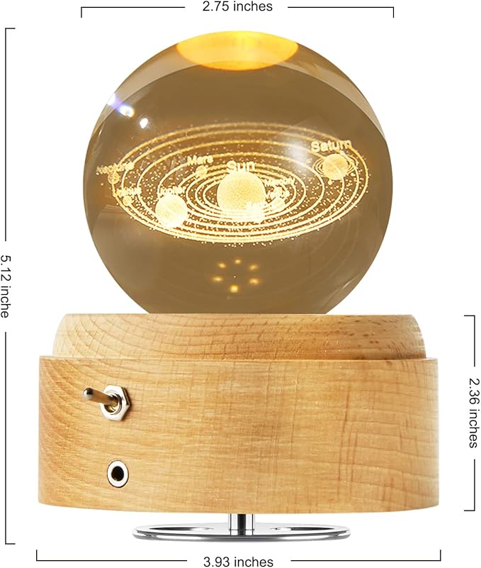 Crystal Ball Globe Solar System Music Box LED Night Light Lamp, Best Decor Gifts for Father Dad Husband Men Boyfriend Girlfriend Mom Women Wife Daughter Kids, Graduation Birthday Anniversary Wedding - LeafyLoom