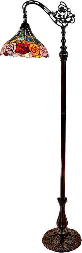 Amora Tiffany Floor Lamp - Arched, Stained Glass 62” with Foot Switch Operation and Adjustable Lamp Shade - Custom Handcrafted Floor Lamps for Living Room in Red Yellow Green Rose Flower - LeafyLoom