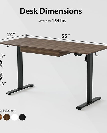 Adjustable Height Electric Standing Desk with Storage Wooden Drawer, 55 x 24 Inches Stand Up Home Office Computer Gaming Table with Splice Board for Work Office Home, Dark Walnut - LeafyLoom