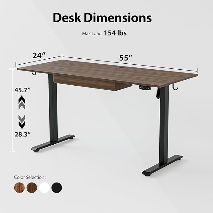 Adjustable Height Electric Standing Desk with Storage Wooden Drawer, 55 x 24 Inches Stand Up Home Office Computer Gaming Table with Splice Board for Work Office Home, Dark Walnut - LeafyLoom