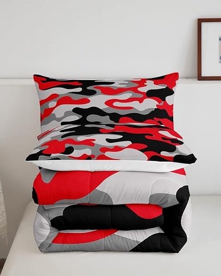 Queen Size Camouflage Comforter Set 3Pcs Kids Bedding Set for Boys Girls Teens 1 Comforter & 2 Pillowcases(Queen,Red Black) Boys - LeafyLoom