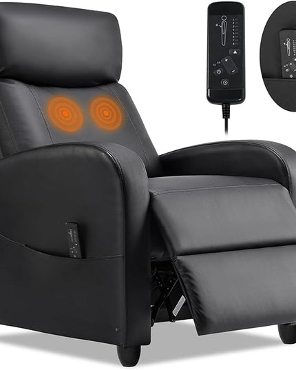 SMUG Recliner Chair for Adults, Massage PU Leather Recliner Sofa for Living Room, Adjustable Home Theater Seating with Padded Seat Backrest, Small Reclining Chair for Small Space (Light Black) - LeafyLoom