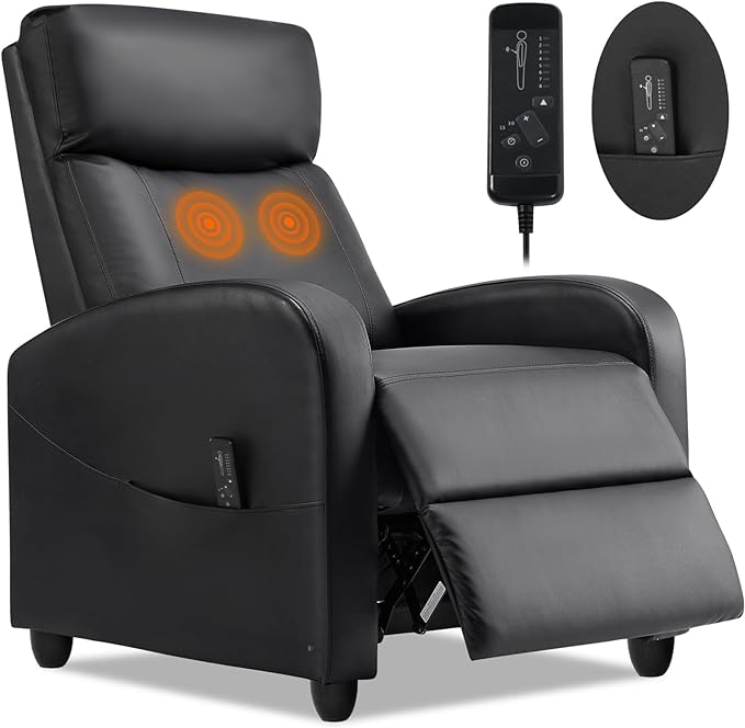 SMUG Recliner Chair for Adults, Massage PU Leather Recliner Sofa for Living Room, Adjustable Home Theater Seating with Padded Seat Backrest, Small Reclining Chair for Small Space (Light Black) - LeafyLoom