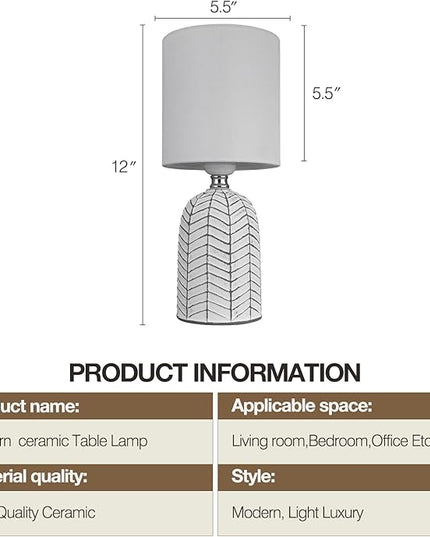 AIDENOEY Small Table Lamp for Bedroom -Bedside Desk Reading Lamps with 3 Way DimmableTouch Control,Nightstand Ceramic Lamp with Fabric Shade for Kids Room,Living Room,Dorm,Home Office(Grey+White) - LeafyLoom