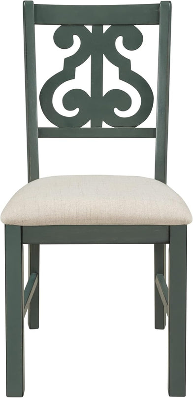 5-Piece Round Wood Dining Table and 4 Chairs Set with Special-shaped Legs and an Exquisitely Designed Retro Hollow Back, 42" L x 42" W x 30" H, Antique Blue + Dark Brown 2 - LeafyLoom