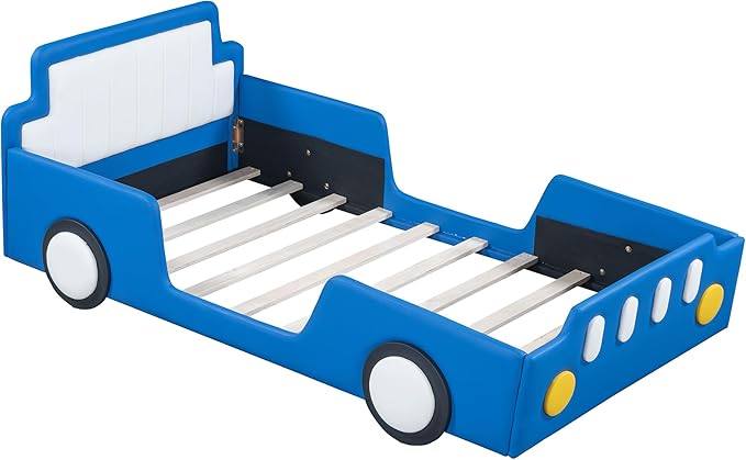 Twin Size Race Car Bed with Wheels,Kids Car-Shaped Beds W/Safety Guardrail,Slats Support,Easy Assembly,Wooden Platform Bedframe for Boys Toddlers Child's Bedroom,Blue PU - LeafyLoom