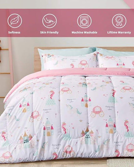 SLEEP ZONE Kids Twin Bedding Comforter Set - Super Cute & Soft Kids Bedding 5 Pieces Set with Comforter, Sheet, Pillowcase & Sham (Princess Castle) - LeafyLoom