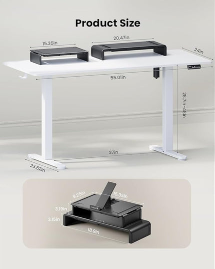 ProtoArc Standing Desk with Dual Monitor Stand Riser, 55 x 24 Inches Height Adjustable Desk with Storage, Electric Stand up Desk with Laptop Stand (Black/White) - LeafyLoom