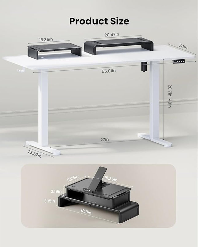 ProtoArc Standing Desk with Dual Monitor Stand Riser, 55 x 24 Inches Height Adjustable Desk with Storage, Electric Stand up Desk with Laptop Stand (Black/White) - LeafyLoom