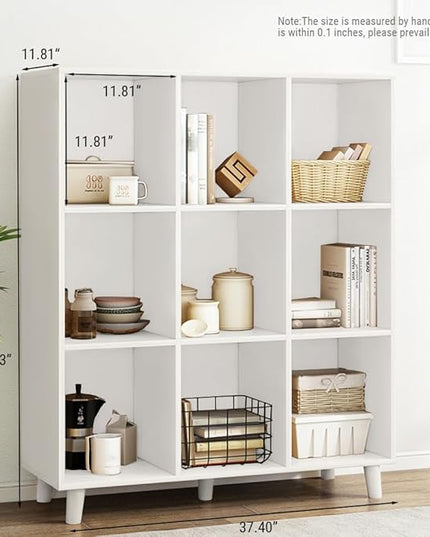 IOTXY Open Cube Low Bookcase - 3-Tier Freestanding Storage Display Cabinet Organizer with Legs for Home Office, 9-Cubes Open Shelf Short Bookshelf, White - LeafyLoom