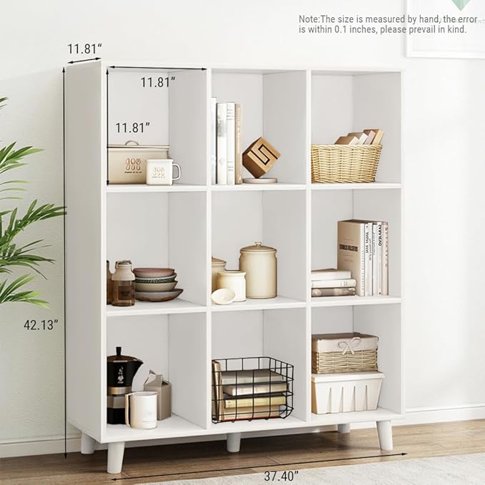 IOTXY Open Cube Low Bookcase - 3-Tier Freestanding Storage Display Cabinet Organizer with Legs for Home Office, 9-Cubes Open Shelf Short Bookshelf, White - LeafyLoom