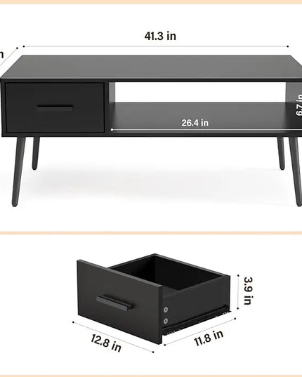 HAIOOU Coffee Table, Mid Century Modern Style Cocktail Table TV Stand with Drawer, Open Storage Shelf, Stable Floor-Anti-Scratching Pine Leg for Home, Office, Living Room - Black - LeafyLoom