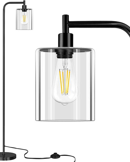 QiMH Industrial Floor Lamp for Living Room, Modern Standing Lamp with HD Glass Lampshade and Pedal Switch, 67” Tall Pole Light for Bedroom Study Room, Black (2700K LED Bulb Included) - LeafyLoom