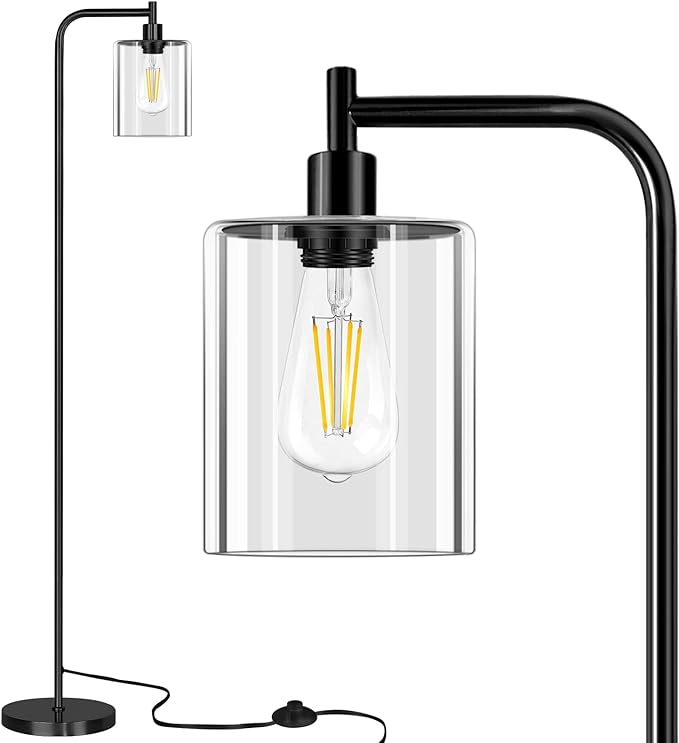 QiMH Industrial Floor Lamp for Living Room, Modern Standing Lamp with HD Glass Lampshade and Pedal Switch, 67” Tall Pole Light for Bedroom Study Room, Black (2700K LED Bulb Included) - LeafyLoom