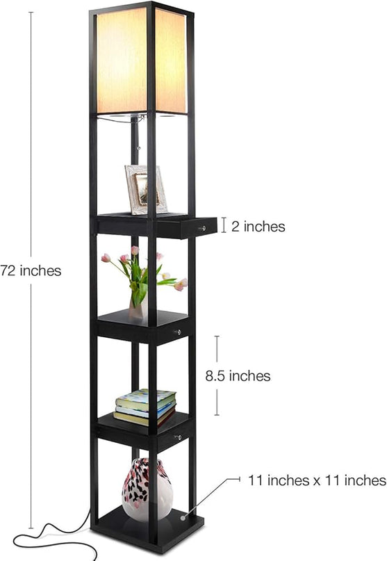 Brightech Maxwell Drawer Edition - Modern Shelf Floor Lamp with Drawer - Corner Display Floor Lamps with Shelves for Living Room, Bedroom and Office - Black - LeafyLoom