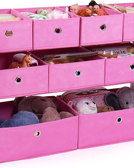 Humble Crew Kids Toy Organizer with 9 Collapsible Fabric Storage, White Wood and Pink Bins - LeafyLoom