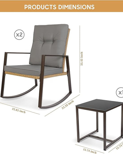 YIYAN 3 Piece Bistro Set Outdoor Patio Rocking Wicker Chairs, Patio Outdoor Furniture Conversation Sets with Porch Chairs,Coffee Table and Washable Cushion(Gray) - LeafyLoom