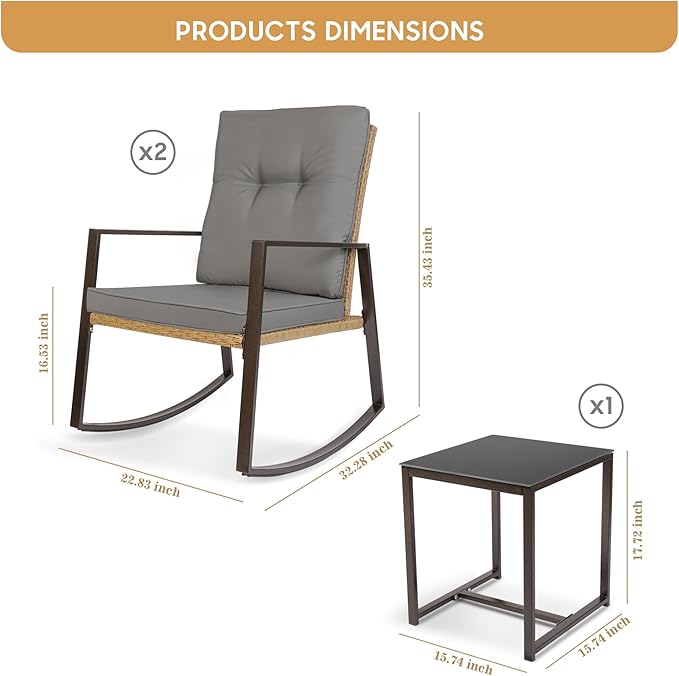 YIYAN 3 Piece Bistro Set Outdoor Patio Rocking Wicker Chairs, Patio Outdoor Furniture Conversation Sets with Porch Chairs,Coffee Table and Washable Cushion(Gray) - LeafyLoom