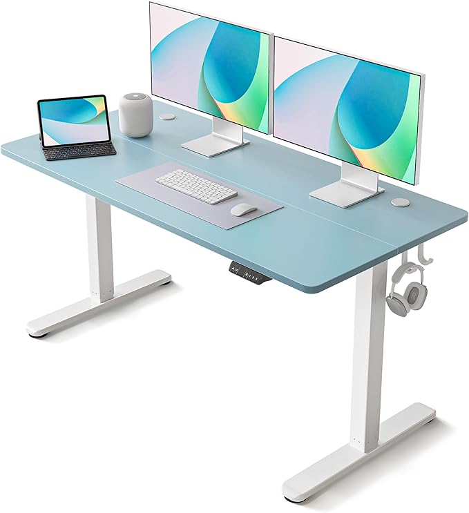 FEZIBO Electric Standing Desk, 55 x 24 Inches Height Adjustable Stand up Desk, Sit Stand Home Office Desk, Computer Desk, Blue - LeafyLoom