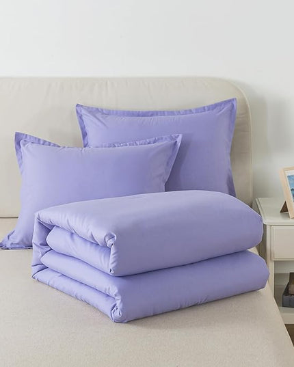 Full Size Lavender Purple Comforter Set, Solid Down Alternative Soft Boho Bedding Comforter Set, Breathable Fluffy Skin-Friendly Comforter for All Seasons with Pillowcases - LeafyLoom