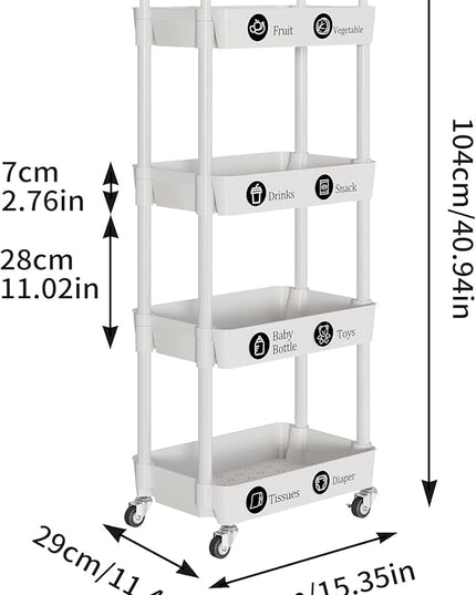 4-Tier Storage Cart,Multifunction Utility Rolling Cart Kitchen Storage Organizer,Mobile Shelving Unit Cart with Lockable Wheels for Bathroom,Laundry,Living Room,With Classified Stickers,White - LeafyLoom