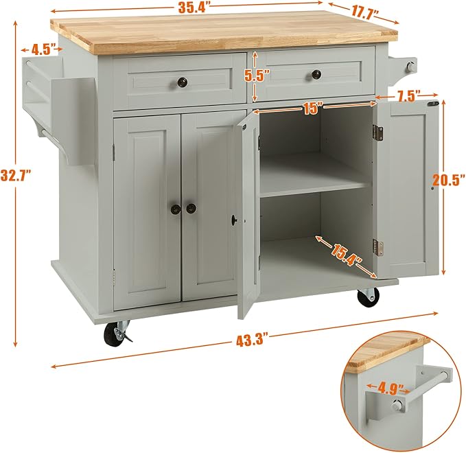NSdirect Kitchen Island Cart,Kitchen Bar&Serving Cart Rolling on Wheels with Spice Rack Towel Holder Utility Storage Trolley with Storage Drawers for Home Hotel Kitchen Dinning Room(Grey) - LeafyLoom