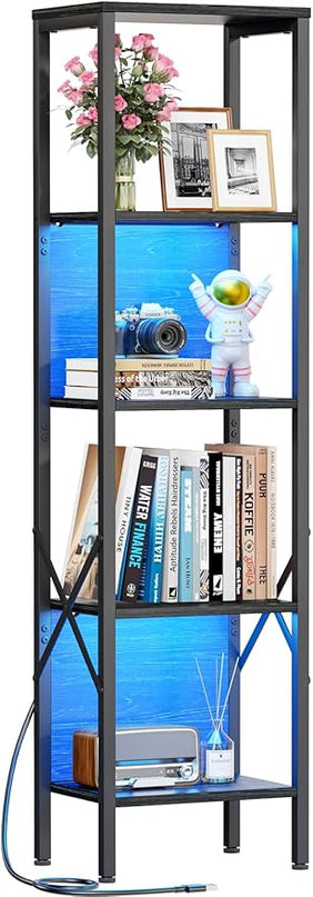 Furologee 5 Tier Book Shelf with LED Light, Tall Display Bookcase with Back, Narrow Industrial Standing Shelving Units, Metal and Wooden Storage Rack for Bedroom, Living Room, Office, Black Oak - LeafyLoom