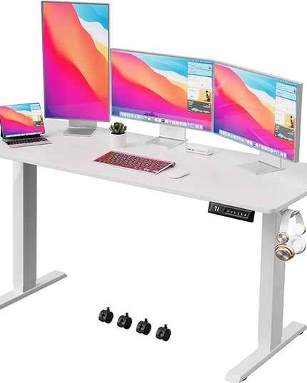 Electric Standing Desk 60 Inch, Ergonomic Height Adjustable Table with T-Shaped Metal Bracket Modern Computer Workstations for Home Office, White - LeafyLoom