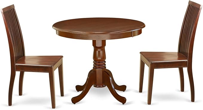 East West Furniture ANIP3-MAH-W 3 Piece Set Contains a Round Dining Room Table with Pedestal and 2 Wood Seat Chairs, 36x36 Inch - LeafyLoom