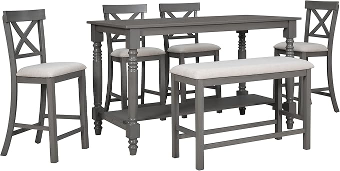 Modern 6 Piece Counter Height Functional Dining Set, Including 1 Table, 4 Chairs, and 1 Bench for Playroom, Living Room, Home Bar, and Kitchen, Beige Gray - LeafyLoom