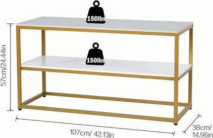 Function Home TV Stand for TVs up to 50 Inch, 3 Tier Entertainment Center, Modern TV Cabinet with Marble Top and Gold Metal Base, 42" Media Console Table with Storage for Living Room Bedroom - LeafyLoom