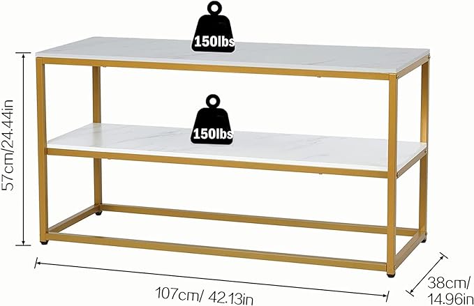 Function Home TV Stand for TVs up to 50 Inch, 3 Tier Entertainment Center, Modern TV Cabinet with Marble Top and Gold Metal Base, 42" Media Console Table with Storage for Living Room Bedroom - LeafyLoom