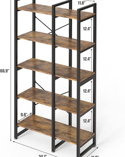 5 Tier Bookshelf and Bookcase, Rustic Industrial Bookshelf, Large Etagere Bookshelf Open Display Shleves with Metal Frame for Living Room Bedroom Home Office - LeafyLoom