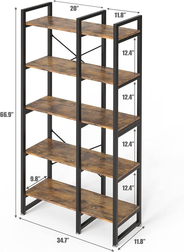 5 Tier Bookshelf and Bookcase, Rustic Industrial Bookshelf, Large Etagere Bookshelf Open Display Shleves with Metal Frame for Living Room Bedroom Home Office - LeafyLoom