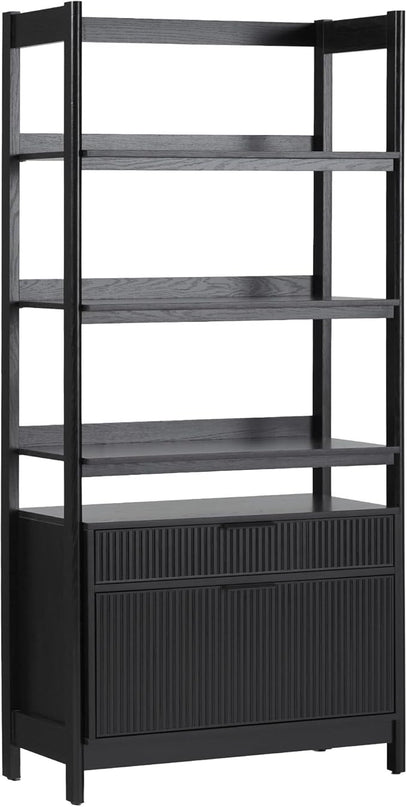 Walker Edison Modern Reeded 4-Shelf Bookshelf Bottom, 33 Inch, Two-Drawer Black - LeafyLoom