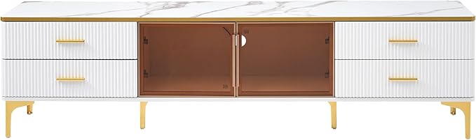 Merax Stylish LED TV Stand for Televisions Up to 78'', Entertainment Center with Brown Glass Storage Cabinet, Marble-veined Table Top, Golden Legs & Handles for Living Room, White - LeafyLoom