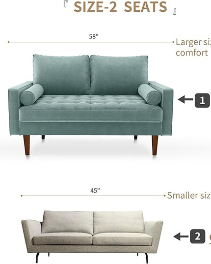 Velvet Furniture for Small Spaces, Mid-Century Modern Loveseats for Living Room, Love Seat Couch Sofas, 58 Inches, Aqua Turquoise - LeafyLoom