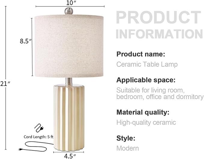 Oneach 21'' Farmhouse Ceramic Table Lamp Set of 2 for Bedroom Living Room House Decor Off-White Desk Lamps Home Office Dorm Rustic Modern Style Lamp - LeafyLoom