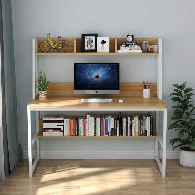 Tribesigns Computer Desk with Hutch, 47 inches Home Office Desk with Space Saving Design with Bookshelf for Small Spaces (Light Walnut, 47) - LeafyLoom