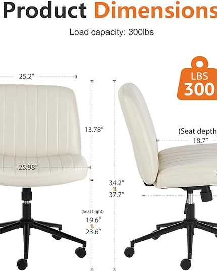Sweetcrispy Criss Cross Office Chair with Wheels, Wide Armless Home Office Desk Chair with Dual-Purpose Base, Swivel Adjustable Leather Task Vanity Computer Chair, Cream - LeafyLoom