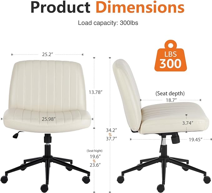 Sweetcrispy Criss Cross Office Chair with Wheels, Wide Armless Home Office Desk Chair with Dual-Purpose Base, Swivel Adjustable Leather Task Vanity Computer Chair, Cream - LeafyLoom