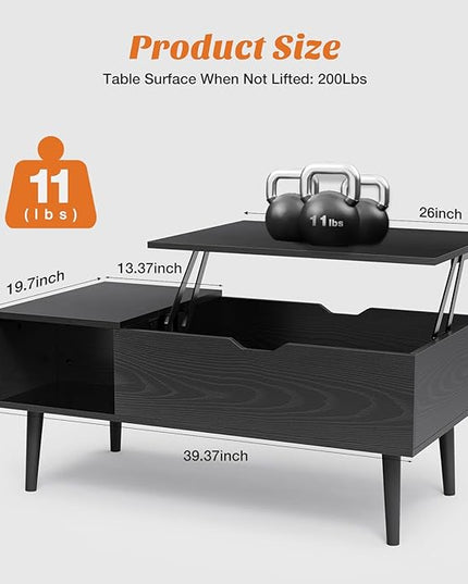 Sweetcrispy Coffee Table Black, Lift Top Coffee Tables for Living Room, Small Rising Wooden Dining Center Tables with Storage Shelf and Hidden Compartment - LeafyLoom
