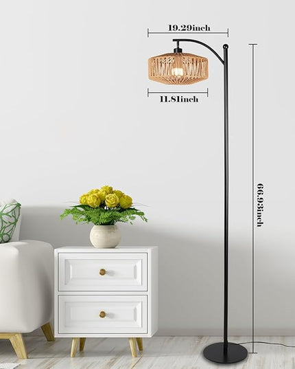 Floor Lamp with Remote, Rope Standing Lamps with LED Bulb, Boho Farmhouse Tall Pole Lamp with 3 Color Temperatures, Modern Black Floor Lamp for Living Room Bedroom Office Study - LeafyLoom