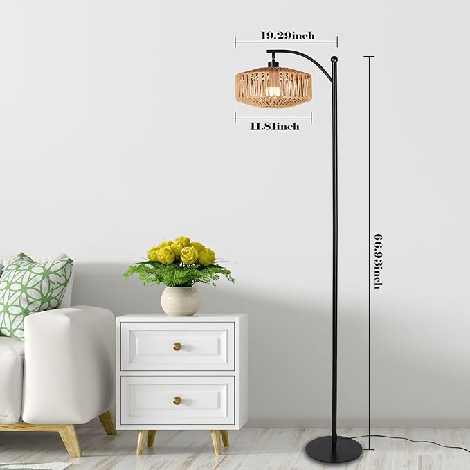 Floor Lamp with Remote, Rope Standing Lamps with LED Bulb, Boho Farmhouse Tall Pole Lamp with 3 Color Temperatures, Modern Black Floor Lamp for Living Room Bedroom Office Study - LeafyLoom