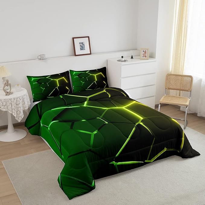 Honeycomb Comforter Green Yellow Hexagonal Print Bedding Set for Kids Boys Girls Children Beehive Geometrical Comforter Set Ultra Soft Decor Reticulated Duvet Set Twin Size - LeafyLoom