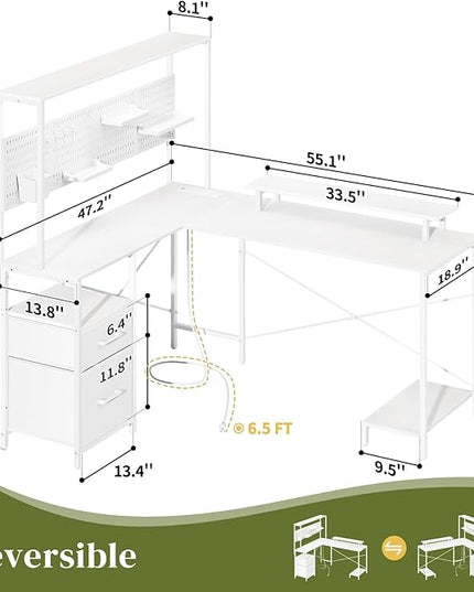 Yoobure L Shaped Desk with Pegboard, Reversible Gaming Desk with LED Lights & Power Outlets, Computer Desk with Drawers & Storage Shelves, Office Desk with Monitor Stand Corner Desk Home Office Desks - LeafyLoom
