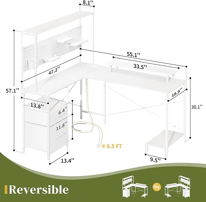 Yoobure L Shaped Desk with Pegboard, Reversible Gaming Desk with LED Lights & Power Outlets, Computer Desk with Drawers & Storage Shelves, Office Desk with Monitor Stand Corner Desk Home Office Desks - LeafyLoom