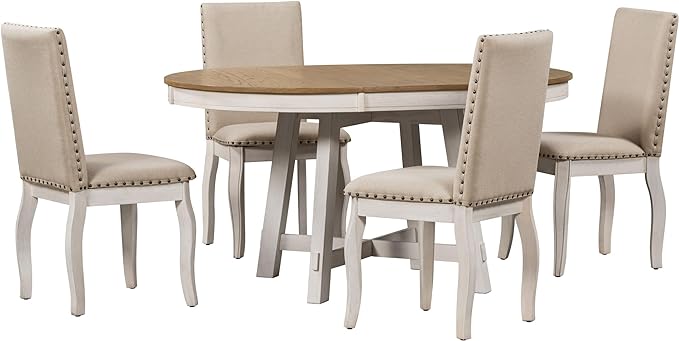 5 Piece Round Farmhouse Dining Table Set with 4 Upholstered Chairs,Extendable Restaurant Furniture,for Kitchen Dinette,Diningroom, Oak Natural Wood+Antique White - LeafyLoom