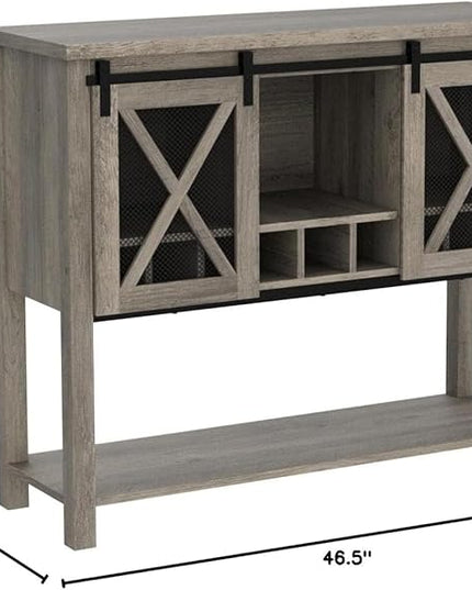 IDEALHOUSE Buffet Storage Cabinet Farmhouse Wine Cabinet Coffee Bar Table with Wine Glass Rack and Storage, Wood Buffets and Sideboards with Barn Mesh Door for Kitchen, Dining, Living Room - LeafyLoom